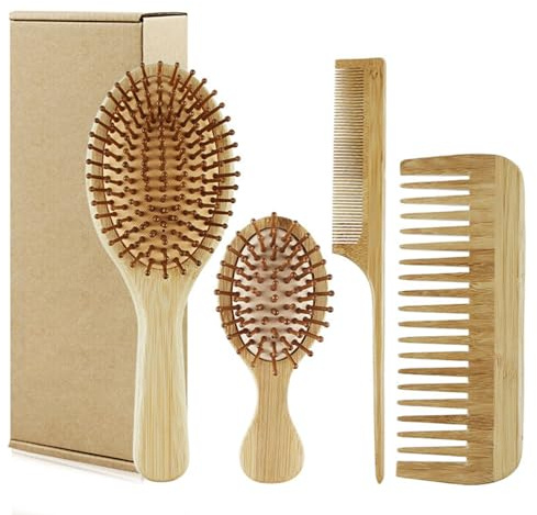 Set di spazzole in bambù 4 pezzi Spazzola per capelli in bambù per la crescita dei capelli, include pettine a denti larghi, pettine a coda, paletta e mini per lucentezza e salute, massaggi.