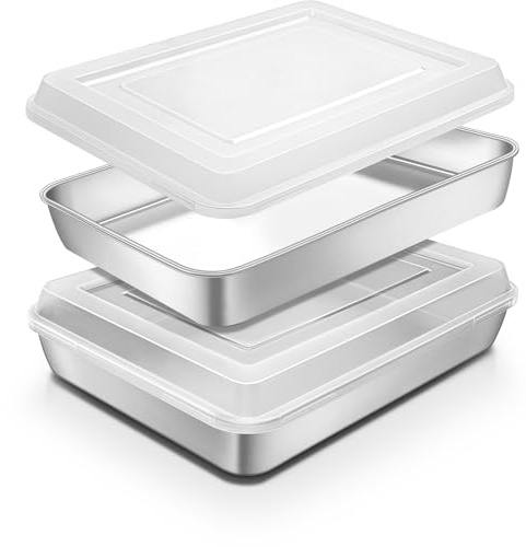 Blingco Stainless Steel Baking Pan with Lid, 12⅓ x 9¾ x 2 Inch Deep Rectangle Cake Pans with Cover for Cakes, Brownies, Cookies, Deep Side & Heavy Duty,Dishwasher & fridge & Oven Safe(2 Pans + 2 Lids)
