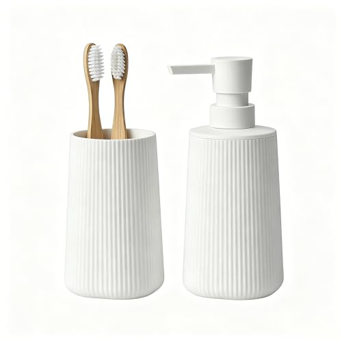 GAHEFY Set di 2 accessori da bagno, dispenser di sapone da 250 ml e bicchiere per spazzolino, design moderno con scanalature in plastica ABS, per lavandino e mensola da bagno (bianco)