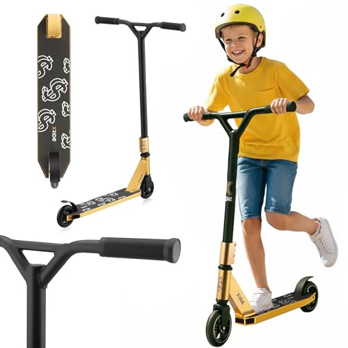 Stuntscooter für Kinder und Erwachsene, Stantroller mit ABEC 9 Kugellagern, Pro Tretroller für Stunts und Tricks, Klappbar Cityroller Ab 8 Jahre, Kinderroller und Erwachsenenroller, Gold Streetroller