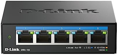 D-Link DMS-105 5-Port 2.5G Multi-Gigabit Unmanaged Desktop Switch with five 2.5 Gigabit Ports, Fanless, Low Profile, Compact, Metal Housing, QoS, UK Plug Only
