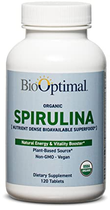 BioOptimal Organic Spirulina Tablets - Organic, Non-GMO, No Additives or Fillers - 500mg Premium Quality Dietary Supplement with Vitamins, Minerals, & Antioxidants (120 Tablets)