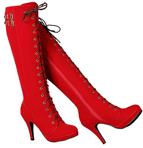 getmorebeauty Womens Red Suede Buckle Rock Lace Up Zipped Knee High Boots High Heel Boots (US 6.5, Red)