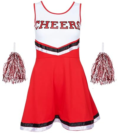 Redstar Fancy Dress Déguisement Pompom Girl Femme Adulte - Costume cheerleader avec robe et pompons assortis, Déguisement cheerleader femme pour halloween, cosplay, carnaval