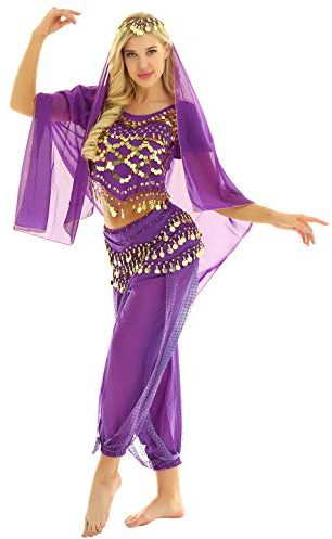 ranrann Disfraz Danza del Vientre para Mujer Lentejuelas Vestido Danza del Oriental Cosplay Conjunto de Baile India Árabe Disfraces Fiesta Carnaval Actuación