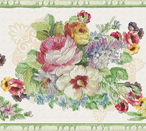 Dundee Deco Carta da parati adesiva DDAZBD9037 floreale rosso, giallo, blu, verde retro bouquet da parete design retrò, 4,57 m x 17,78 cm, autoadesivo