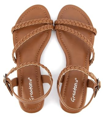Greatonu Women's Flat Sandals Summer Braided Slip On Gladiator Sandals Open Toe Strappy Slingback Shoes Camel Size 8