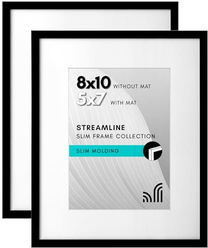 Americanflat 10x8 Photo Frames with Shatter-Resistant Glass - Set of 2 - Use as 7x5 Photo Frames with Mount or 8x10 without Mount - Thin Picture Frames for Wall and Tabletop Display - Black