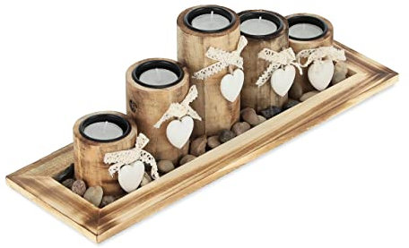 Relaxdays Teelichthalter Set mit Tablett & Steinen, 39,5 cm lang, 5 Kerzenhalter, Tischdeko Wohnzimmer & Esstisch, braun