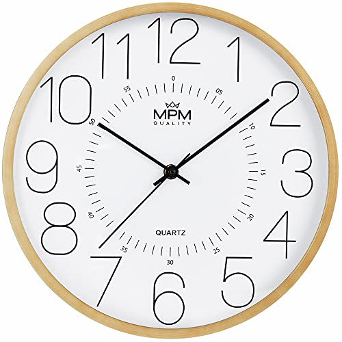 MPM Quality Holzimitation Wanduhr, Kunststoff-Rahmen mit Holzeffekt, Helles Holz, Quarz-Uhrwerk, reibungsloser Ablauf, ∅ 300 x 42 mm, Wand-Dekoration Modern Style, für Wohnzimmer, Schlafzimmer, Büro