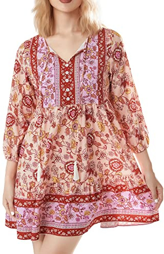 Women's Summer Boho Beach Mini Dress Floral Print Tassel Tie V Neck Short Sleeve Flowy Ruffle Bohemian Dress Loose Fit Ethnic Style Shift Dress