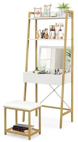 COSTWAY Dressing Table and Stool Set with Flip Top Mirror, Wooden Makeup Vanity Table Set with 2 Ladder Shelves and 4 Hidden Storage Compartments, Bedroom Cosmetics Dresser Gift (White+Gold)