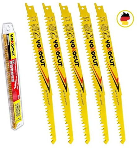 YOKOCUT Säbelsägeblätter Holz, Säbelsägeblätter Set 5tlg. 1531L 225mm Sägeblatt Säbelsäge für Schnelle und Saubere Schnitte, Säbelsägeblatt für Grobholz, Nassholz, Brennholz, Zubehör Säbelsäge