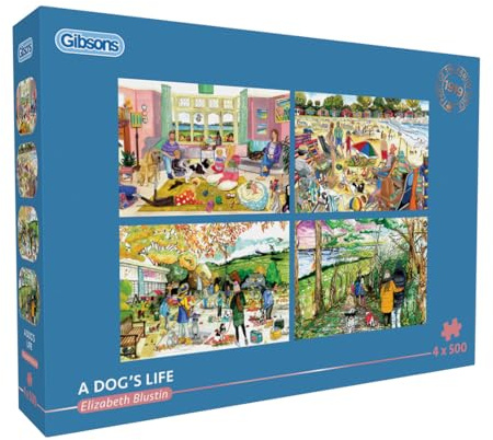 Ein Hundeleben | 4 x 500 Teile | Multi-Box-Puzzle | Nachhaltiges Premium-Puzzle aus 100% Recycling Material | Tolles Geschenk für Erwachsene | Gibsons Games