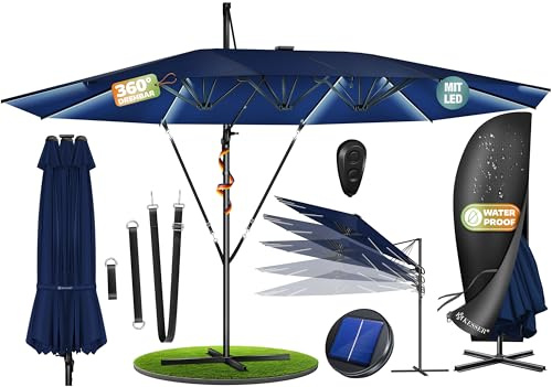 KESSER® Sombrilla, 4,6m x 2,7m Sombrilla - Cubierta y Protección Contra el Viento, Con Manivela y Soporte, Aluminio, Hidrófuga, Inclinable - Inclinable, Orientable 360°, Azul Marino - Con LED