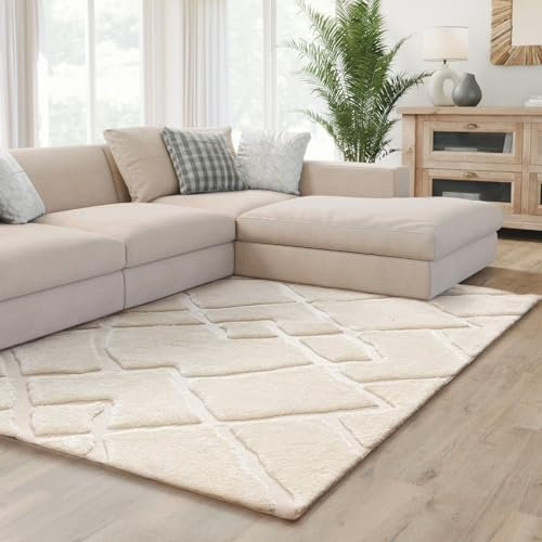 Interiyou Teppich Wohnzimmer Verona - 140x200 cm Creme - Für Schlafzimmer, Esszimmer, Kinderzimmer - Hochflor mit 3D-Effekt - geometrische Muster - Pflegeleicht