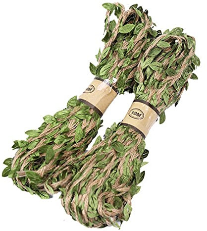 MaoNativey Cuerda de Yute Natural con Hojas Artificiales, 20M, Verde, Rústico, Poliéster, Tela de Yute, Múltiple, Fiesta, Boda, Decoración de Jardín