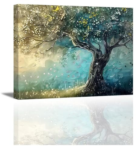 PIY PAINTING Stampa Su Tela Albero, Dipinto Su Tela Colorata Giallo e Blu, quadretti da parete, Nature canvas quadri Per Soggiorno Camera Da Letto Ufficio Cucina, 30x40 CM, Cornice Interna