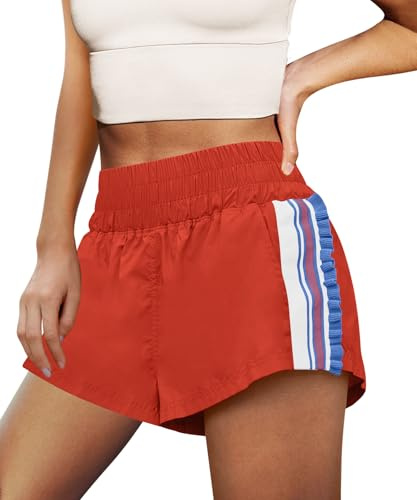 LAMISSCHE Womens Running Shorts Athletic High Waisted Biker Shorts Summer Workout Quick Dry Striped Ruffle Short(Coral Red,XS)