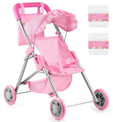 Cochecito para muñecas para niños, Cochecito de Juguete Plegable con Cesta y Bolsa de Almacenamiento, pañales - Accesorios para muñecas Reborn de 18 Pulgadas, Rosa