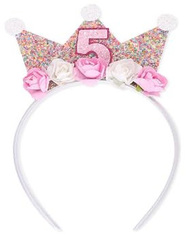 HUATEEN Corona di Compleanno per Bambine,5 Anni Fascia Tiara Corona da Principessa Cerchietto Bambina con Fiore Rosa Copricapo Decorazioni di Compleanno Accessorio per Capelli per Ragazze