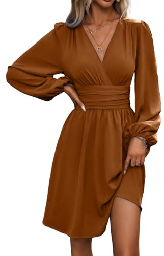 LIAMERHE Mini Robe Femme Manches Longues Col V Chic et Elegant Robes Manches Lanternes Automne et Hiver A-Line Casual Robe Casual pour Fête Noël Mariage Caramel S