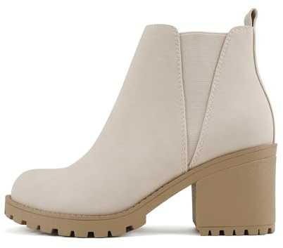 Soda ORIGAMI ~ WOMEN LUG SOLE MID HEEL FASHION ANKLE BOOTIE W/DOUBLE ELASTIC GORE (6.5, Nude Nubuck, numeric_6_point_5)