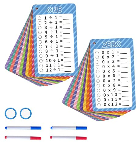 LEBKFT 2 Set Times Tables Multiplication and Division Flash Cards 0-12 with 4 Dry Erase Pens, Math Games for Kids Reusable Educational Math Flashcards for 1st to 3rd Grade (Multicolored, One Size)