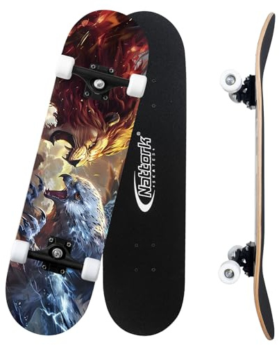 Nattork 31 Inch Complete Skateboard with PU Wheels, Wood 9 Layer Canadian Maple Trick Board for Boys Girls Youth Teens Gift for Beginners Lion Hawk