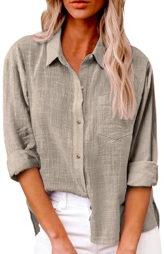 Chemise Femme,Chemise Lin,Chemisiers et Blouses Femme,Chemisier Manche Longue,Blouse Chic et élégant,Grande Taille,Haut Printemps,Manche Longue,Top,Coton,Couleur Unie,Tunique,Khaki,M