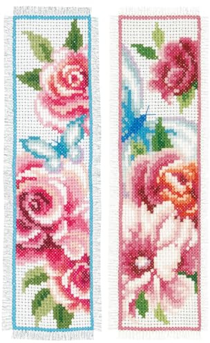 VERVACO Kit Bordado Punto De Cruz Contado Marcapáginas Manualidades Juego de 2 Flores Y Mariposas I Set Completo De Bordado para Principiantes Regalo para Amante De Libros ca. 6 x 20 cm
