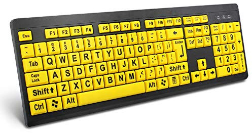 BOOGIIO Teclado de computadora de impresión grande con cable USB de alta visibilidad, teclado de alto contraste, letra de gran tamaño para personas con discapacidad visual de baja visión (amarillo y