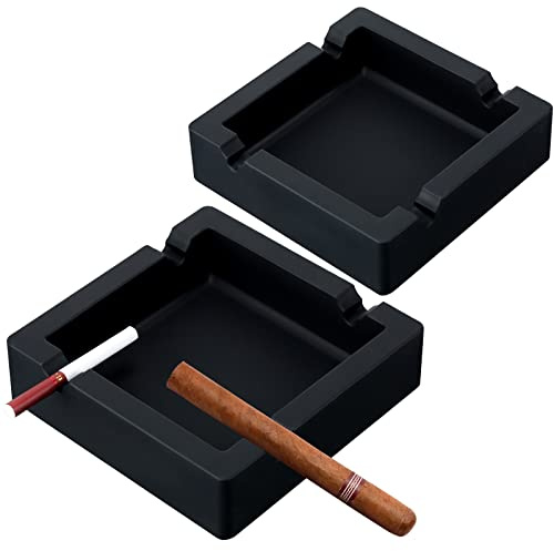 Chumia 2 Pcs Cigar Ashtrays for Outdoors Square Ash Holder 6 Inch Silicone Ashtray Men Deep Cool Ash Holder with 4 Dual Use Rest for Gift Patio Outside Indoor Home Decor(Black)
