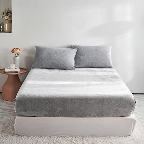 Damier Winter Spannbettlaken 180x200cm Grau Flauschige Warme Samt Bettlaken Teddy Plüsch Spannbetttuch Geeignet für 30cm Matratze