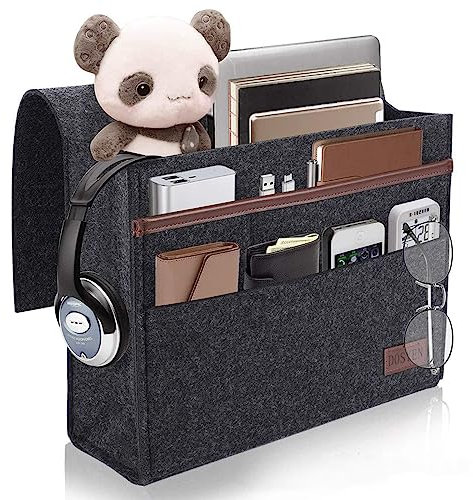 Bed Storage Pocket, Bedside Organiserr, Bed Bag for Hanging, Non-slip Storage Bag, Made of Thick Felt, Sofa Hanging Storage for Mobile Phones, IPads, Glasses, Books, Remote Controls, etc (dark grey)