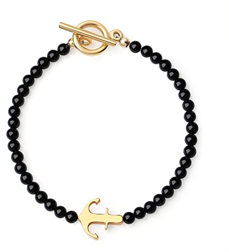 GAVU Bracciale da Uomo con Perline di Tormalina Nera e Charm Ancora in Acciaio Inox Placcato Oro, Bracciale Chiusura OT 19cm