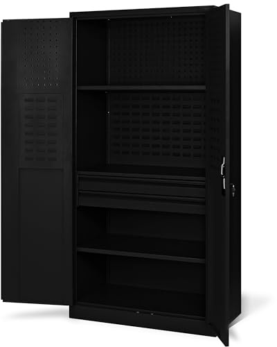 Jan Nowak Werkzeugschrank TC02AM Werkstattschrank mit Schubladen Flügeltüren Metallschrank 3 Fachböden Pulverbeschichtung 185 cm x 92 cm x 50 cm (Schwarz)