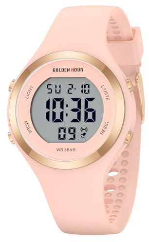 GOLDEN HOUR Digital Uhr Damen 5ATM Wasserdichte Sport Chronograph Mit Silikonarmband - Elegant Sportliche Armbanduhr Mit Datum Und Leuchtend Leicht Ablesbarem Zifferblatt - Champagne