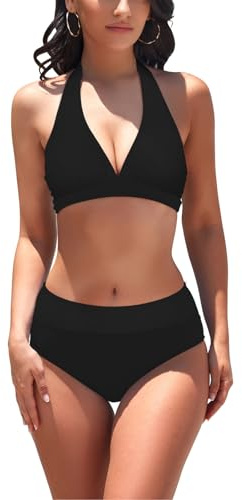 AYEEBOOY Women's Bikini Sets High Waist V Neck Removable Soft Cups Print Swimsuit 2 Piece Bathing Suits(Black,L)