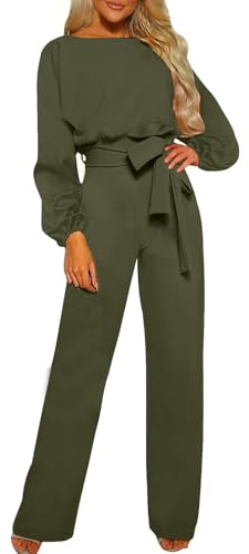 Womens Crewneck Rompers Elegant Jumpsuits Dressy Casual Long Sleeve Belt High Waist Playsuit Slim Fit Wide Leg Pants Formal Business Workwear Petite, M