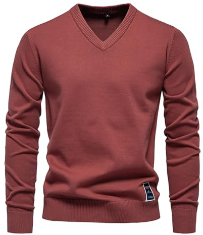Maglione da uomo con scollo a V, in cotone, elegante, a maglia fine, a maniche lunghe, elasticizzato, slim fit, per autunno e inverno, Colore: rosso, L