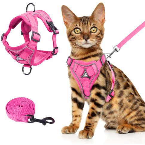 Wanheart cat Chest Harness and Leash, Anti-Escape Adjustable Soft mesh cat Leash and Chest Harness Set for All Types of Cats cat Vests (Rose red, L)