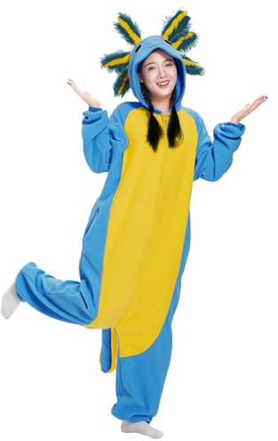 LANFAN Vuxen Axolotl Onesie pyjamas, unisex djurkostym, cosplay halloween jumpsuit nattkläder för kvinnor män