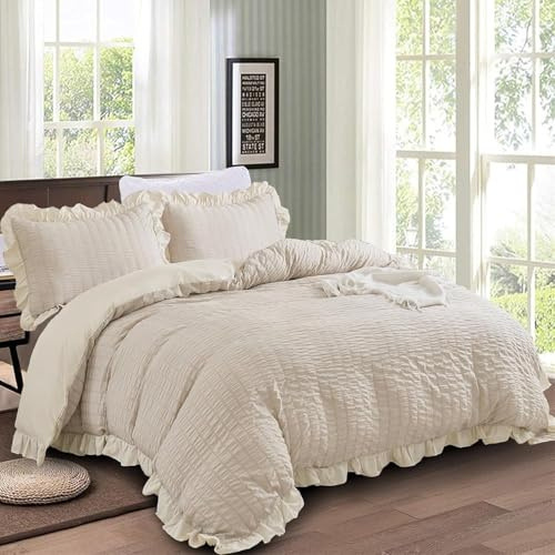 Set di biancheria da letto beige in tessuto seersucker, 3 pezzi, con volant, con 2 federe, in microfibra leggera e morbida, per tutte le stagioni, per letto matrimoniale 200 x 200 cm