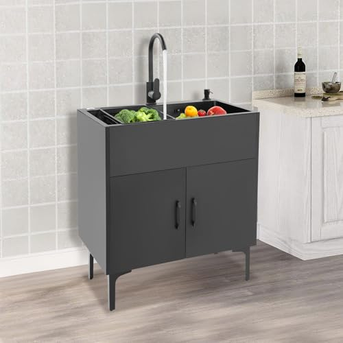 Lavello da cucina autoportante con base e rubinetto, in acciaio inox con 1 vasca, scolapiatti e scarico, per cucina, giardino, esterno, officina, lavanderia, campeggio (nero)