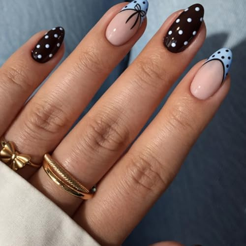 24PCS Brown & Blue Press On Nails, Almond Polka Dot French Tips, Glossy