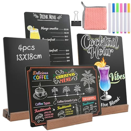 SneiDr 4 Tableau Noir avec Supports en Bois 13x18cm Stylos Chiffon et Pince | Petits Tableaux Noirs Double Face pour Écrire Réutilisable pour Mariage Anniversaire Fête Ardoise Restaurant Café Buffet