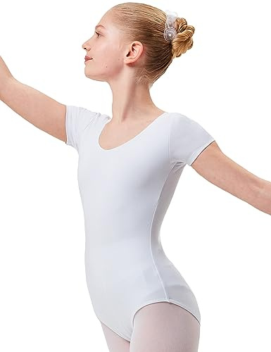 tanzmuster Ballettanzug Mädchen Kurzarm - Sally - aus weichem Baumwollstoff - Ballett Trikot Ballettbody in weiß, Größe 116/122