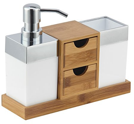 MSV - Set di 3 Accessori da Bagno con Dispenser per Sapone e Porta spazzolini in bambù e Acciaio Inox, con cassetti