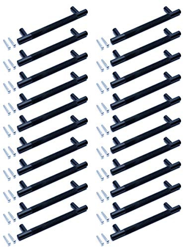 Svart räfflat dörrhandtag, T-bar, modernt, köksskåp, skåp, låda, stång, dörrhandtag, knopp, matt finish. (20, 96 mm)